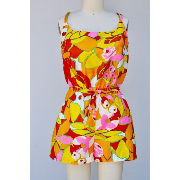 50s 60s Cotton Floral Swimsuit Romper One Piece Bathing Suit Colorful Floral S M - Picture 10 of 10